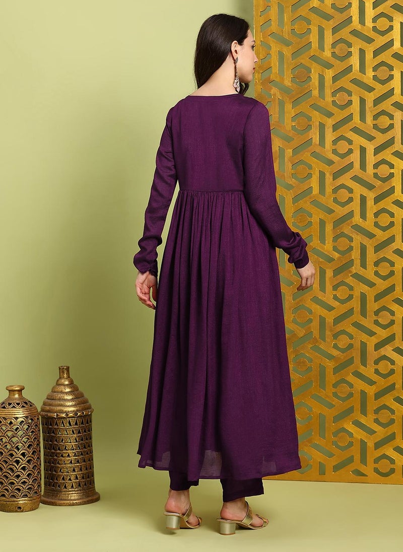 Globus Women Purple Sequin Embroidered Keyhole Neck Anarkali Kurta With Wide Leg Pants Festive Set - Image 4